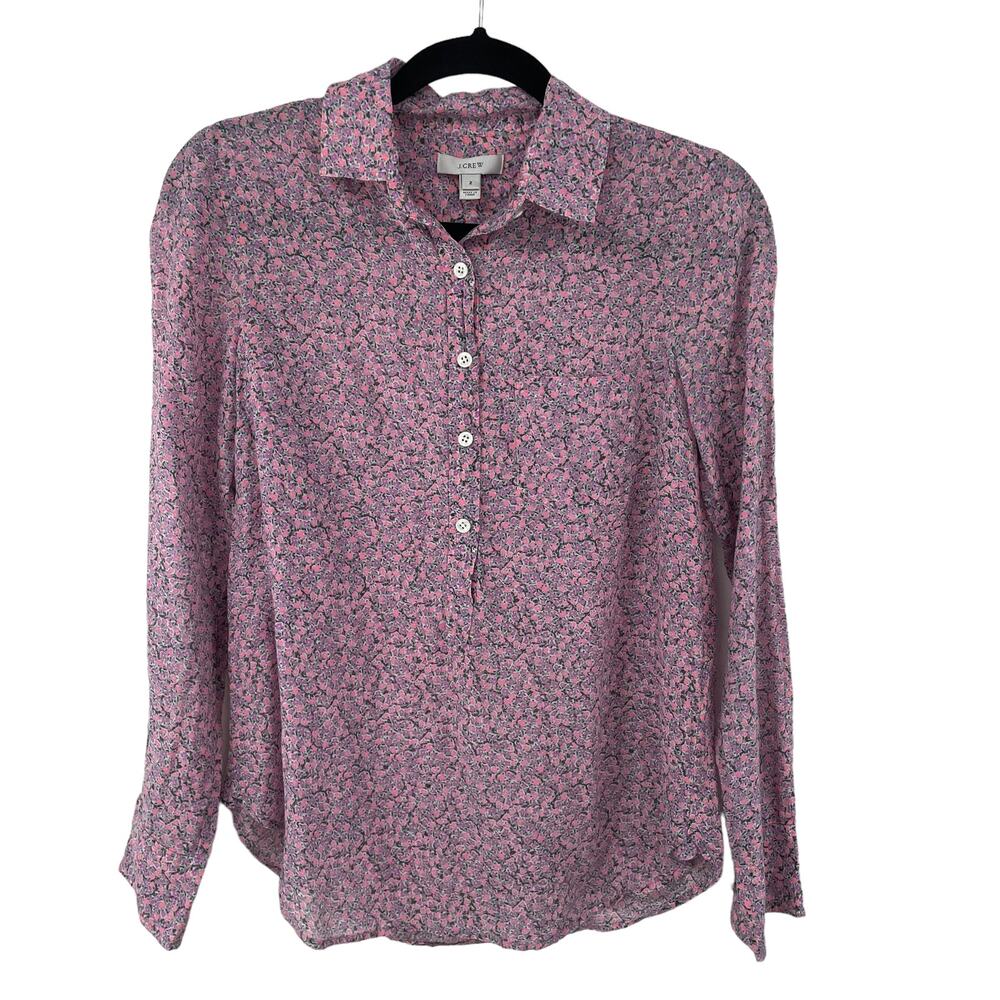 J. Crew Pink Purple Floral Long Sleeve Collared Popover Top Womens 2
